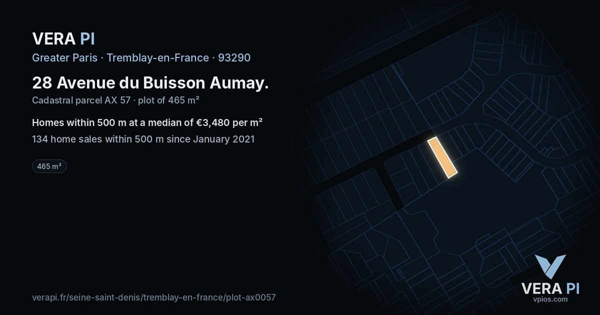 28 Avenue du Buisson Aumay, Tremblay-en-France at night – the plot lit, the parcels around coloured by the prices near them