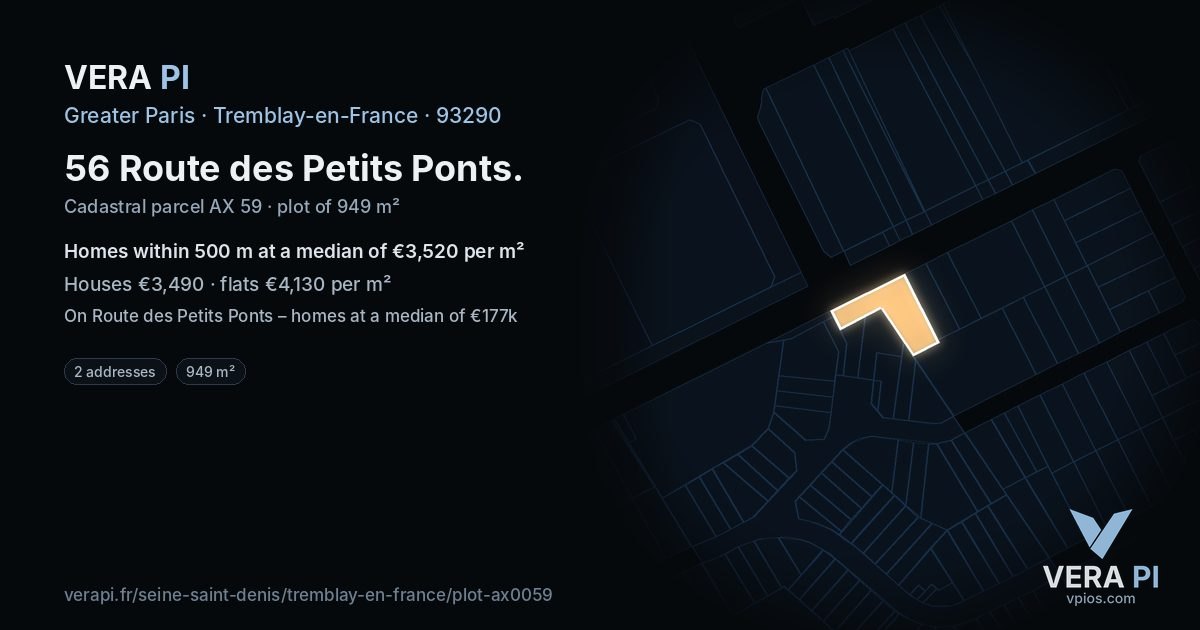 56 Route des Petits Ponts, Tremblay-en-France at night – the plot lit, the parcels around coloured by the prices near them