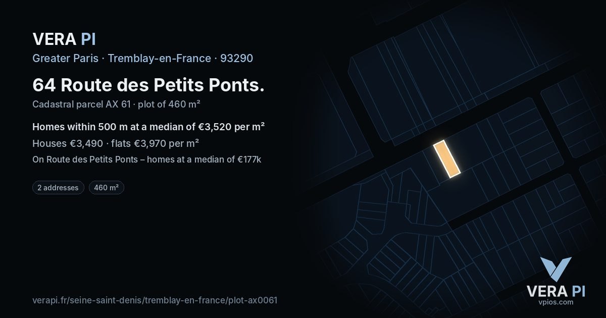 64 Route des Petits Ponts, Tremblay-en-France at night – the plot lit, the parcels around coloured by the prices near them
