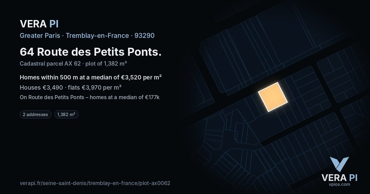 64 Route des Petits Ponts, Tremblay-en-France at night – the plot lit, the parcels around coloured by the prices near them
