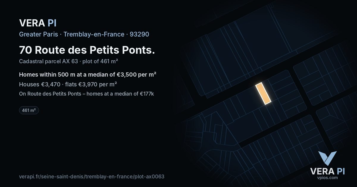 70 Route des Petits Ponts, Tremblay-en-France at night – the plot lit, the parcels around coloured by the prices near them