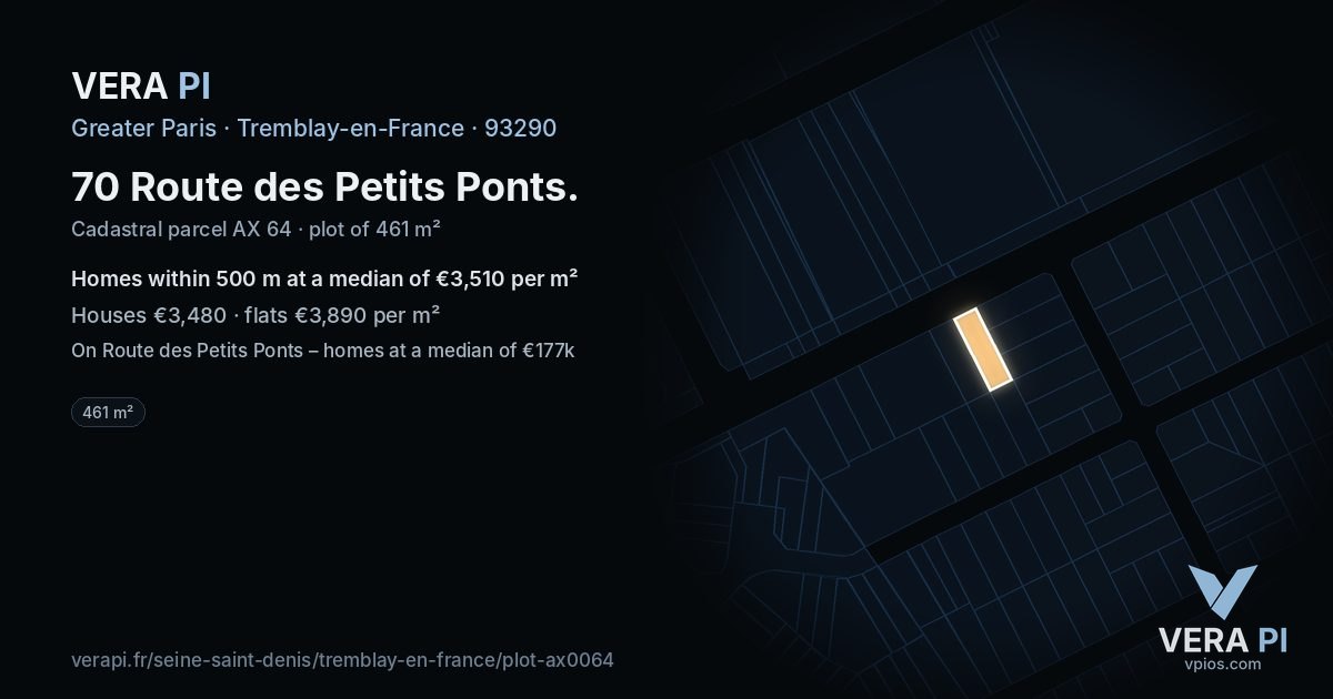 70 Route des Petits Ponts, Tremblay-en-France at night – the plot lit, the parcels around coloured by the prices near them