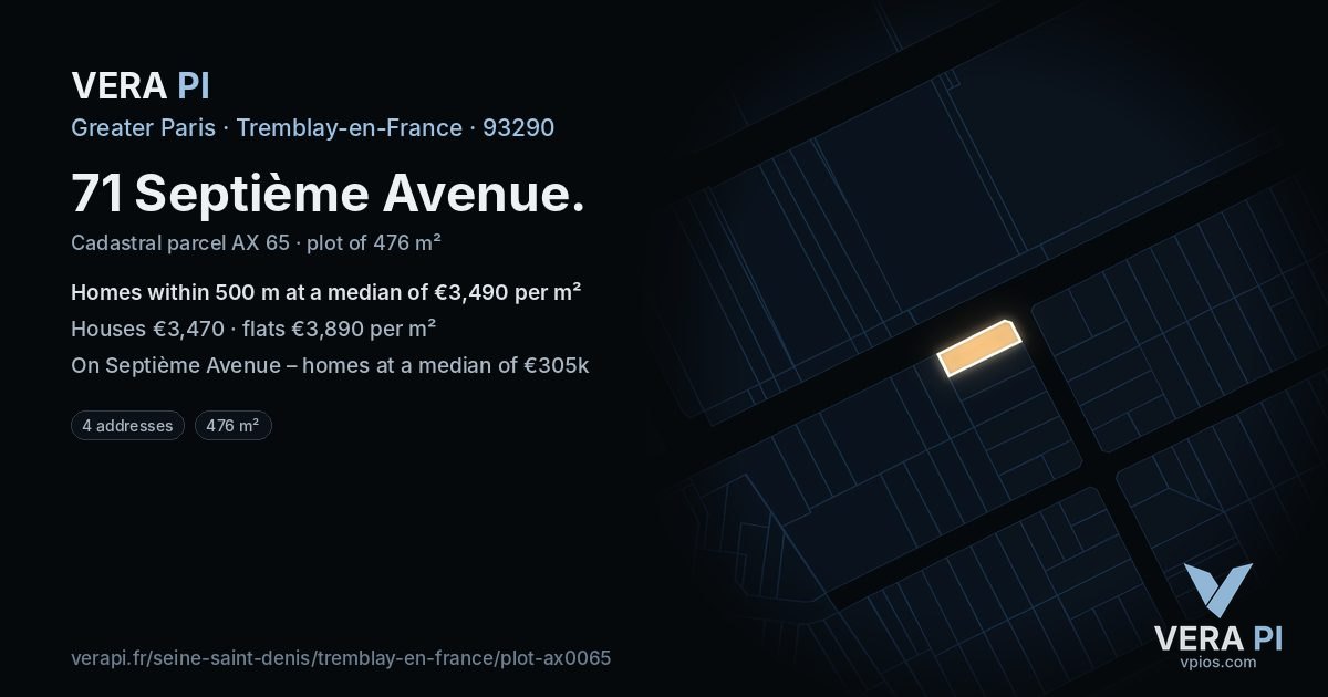 71 Septième Avenue, Tremblay-en-France at night – the plot lit, the parcels around coloured by the prices near them