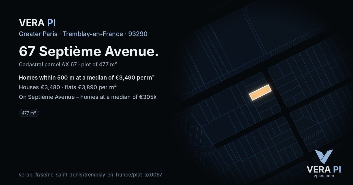 67 Septième Avenue, Tremblay-en-France at night – the plot lit, the parcels around coloured by the prices near them