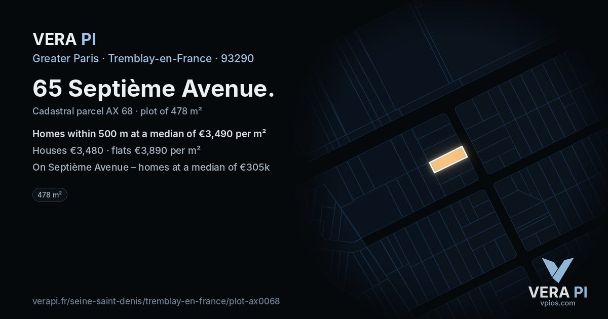65 Septième Avenue, Tremblay-en-France at night – the plot lit, the parcels around coloured by the prices near them
