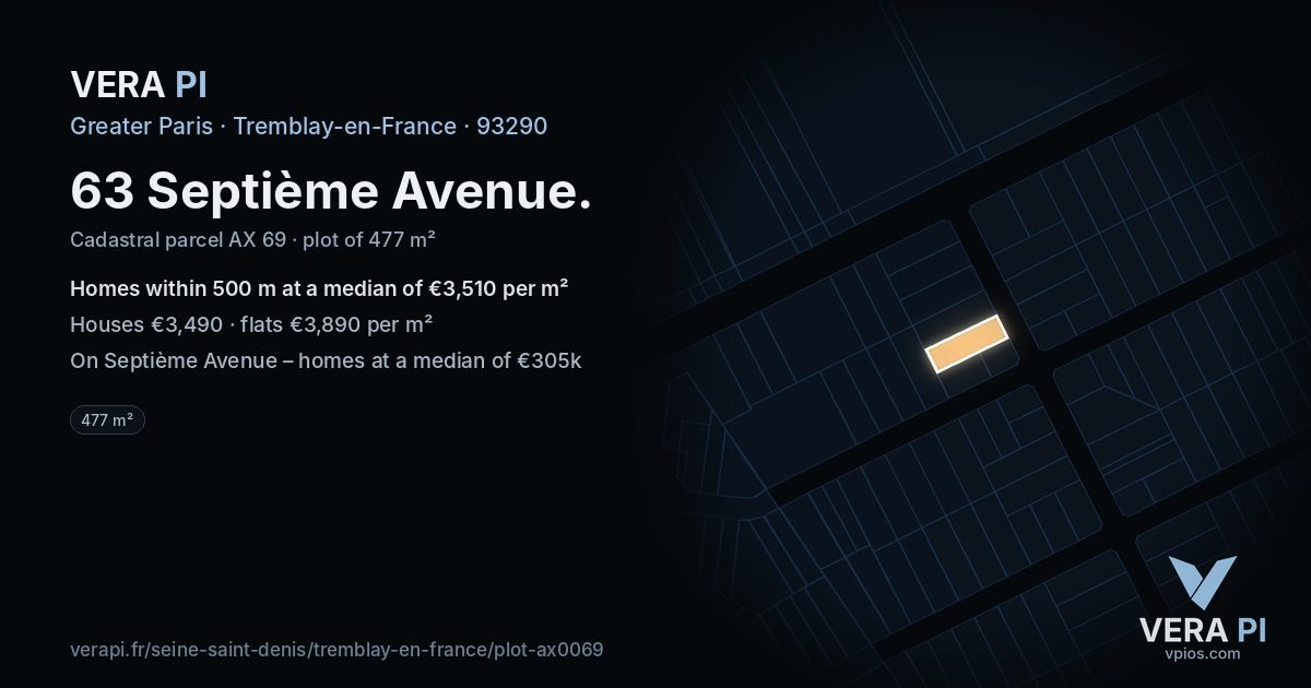 63 Septième Avenue, Tremblay-en-France at night – the plot lit, the parcels around coloured by the prices near them