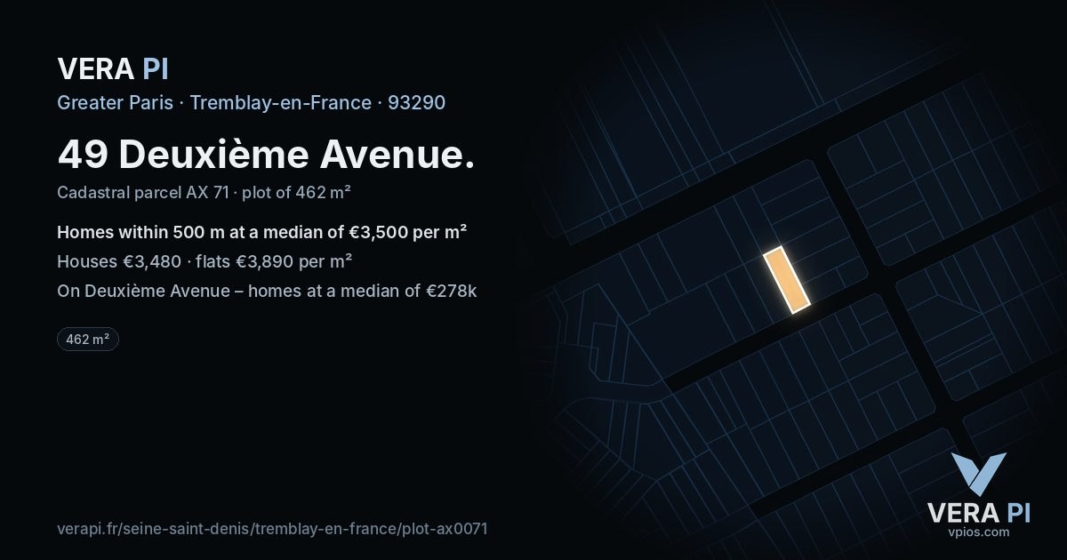 49 Deuxième Avenue, Tremblay-en-France at night – the plot lit, the parcels around coloured by the prices near them