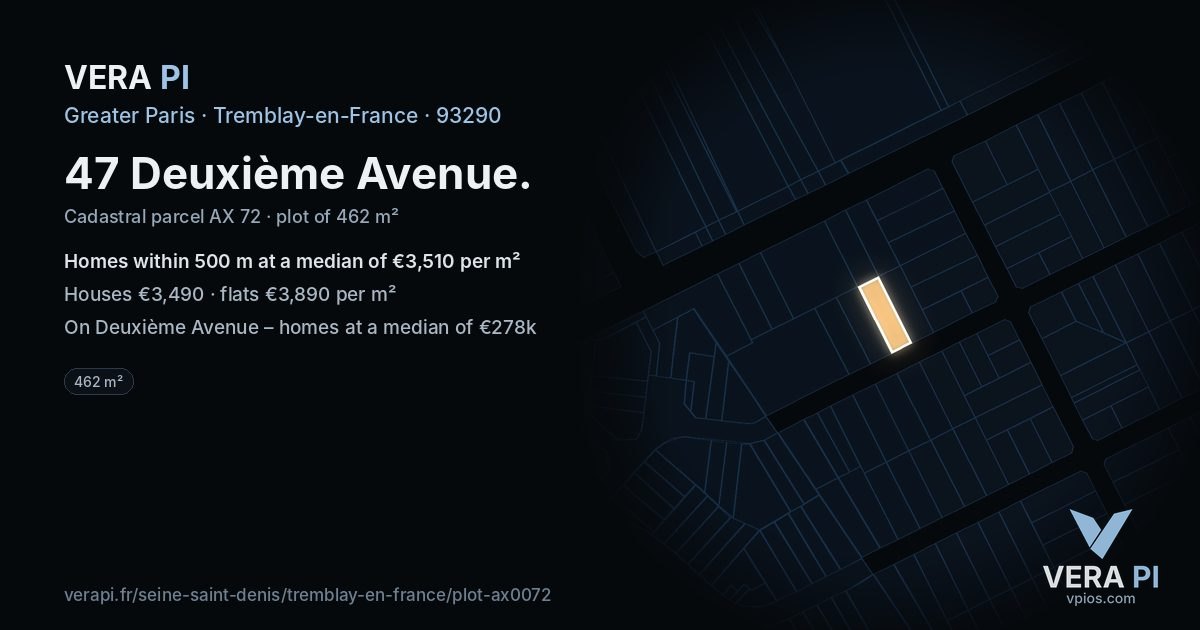 47 Deuxième Avenue, Tremblay-en-France at night – the plot lit, the parcels around coloured by the prices near them