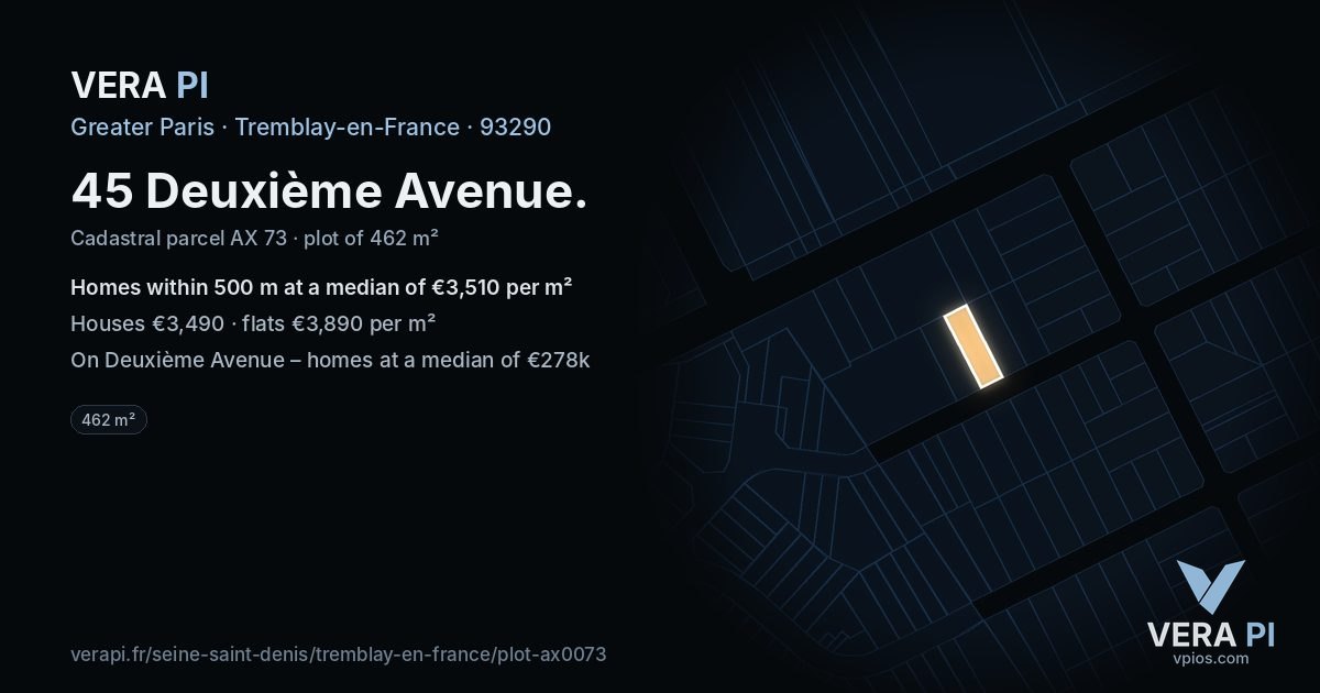 45 Deuxième Avenue, Tremblay-en-France at night – the plot lit, the parcels around coloured by the prices near them