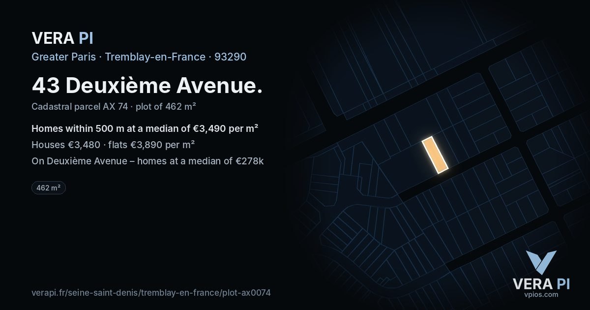 43 Deuxième Avenue, Tremblay-en-France at night – the plot lit, the parcels around coloured by the prices near them