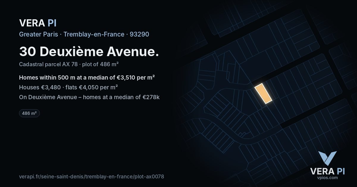 30 Deuxième Avenue, Tremblay-en-France at night – the plot lit, the parcels around coloured by the prices near them