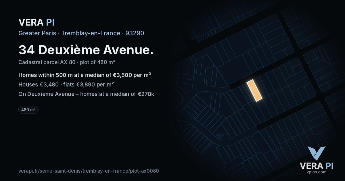 34 Deuxième Avenue, Tremblay-en-France at night – the plot lit, the parcels around coloured by the prices near them