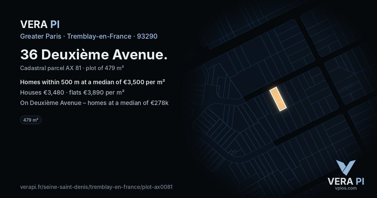 36 Deuxième Avenue, Tremblay-en-France at night – the plot lit, the parcels around coloured by the prices near them