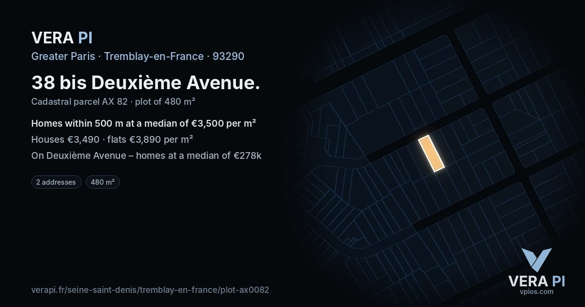 38 bis Deuxième Avenue, Tremblay-en-France at night – the plot lit, the parcels around coloured by the prices near them
