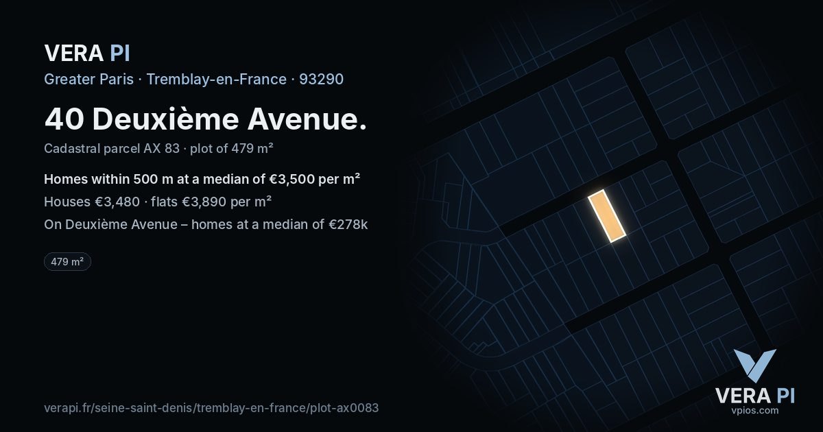 40 Deuxième Avenue, Tremblay-en-France at night – the plot lit, the parcels around coloured by the prices near them