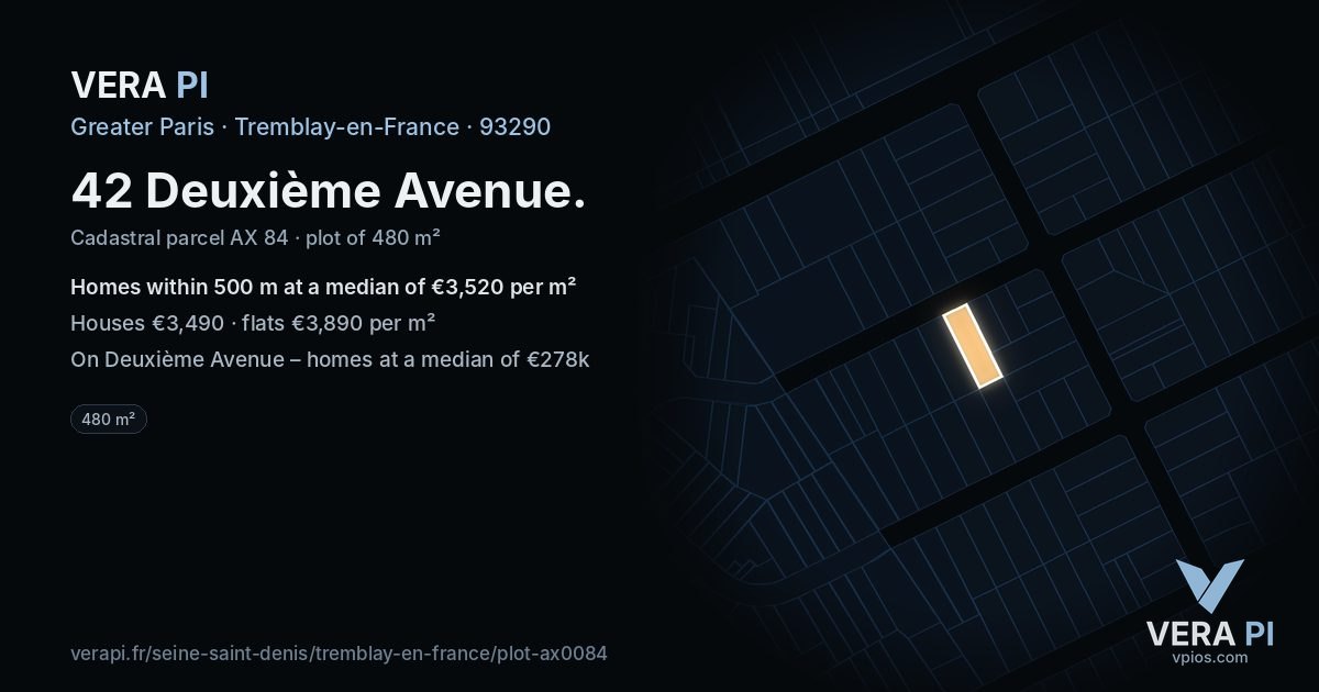 42 Deuxième Avenue, Tremblay-en-France at night – the plot lit, the parcels around coloured by the prices near them