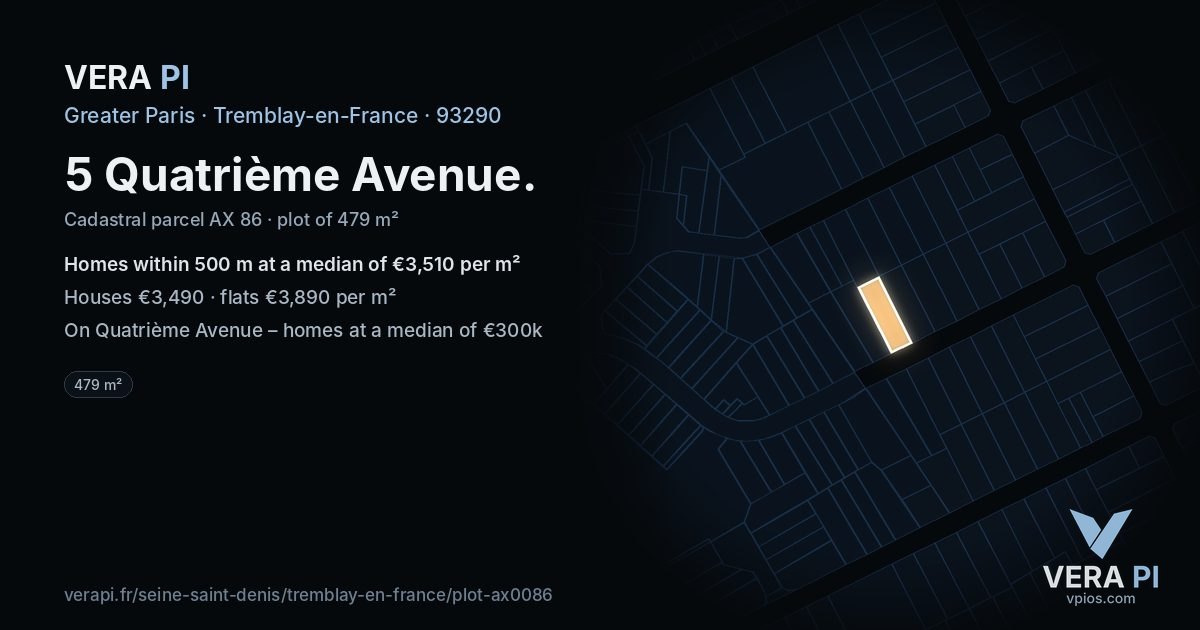 5 Quatrième Avenue, Tremblay-en-France at night – the plot lit, the parcels around coloured by the prices near them