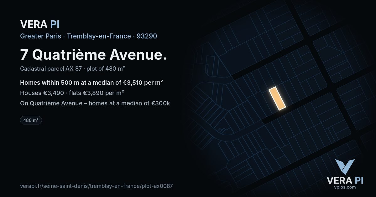 7 Quatrième Avenue, Tremblay-en-France at night – the plot lit, the parcels around coloured by the prices near them