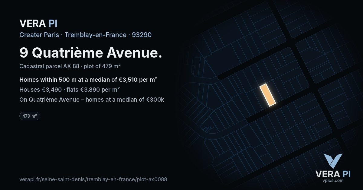 9 Quatrième Avenue, Tremblay-en-France at night – the plot lit, the parcels around coloured by the prices near them