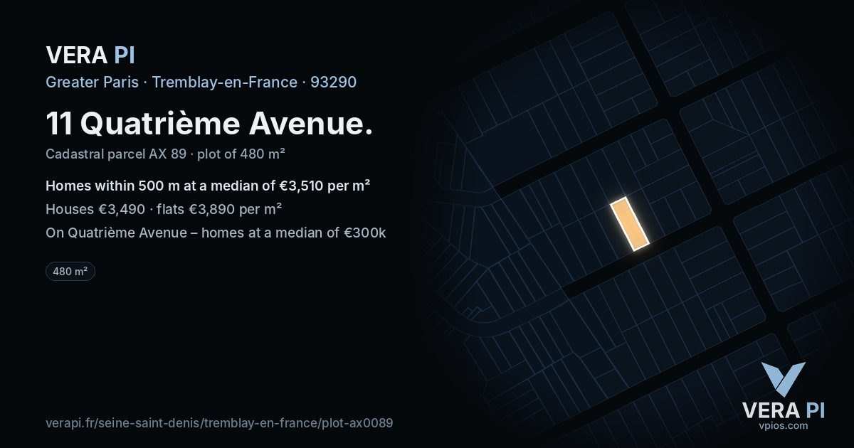 11 Quatrième Avenue, Tremblay-en-France at night – the plot lit, the parcels around coloured by the prices near them