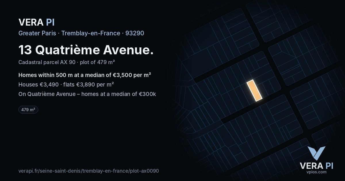 13 Quatrième Avenue, Tremblay-en-France at night – the plot lit, the parcels around coloured by the prices near them