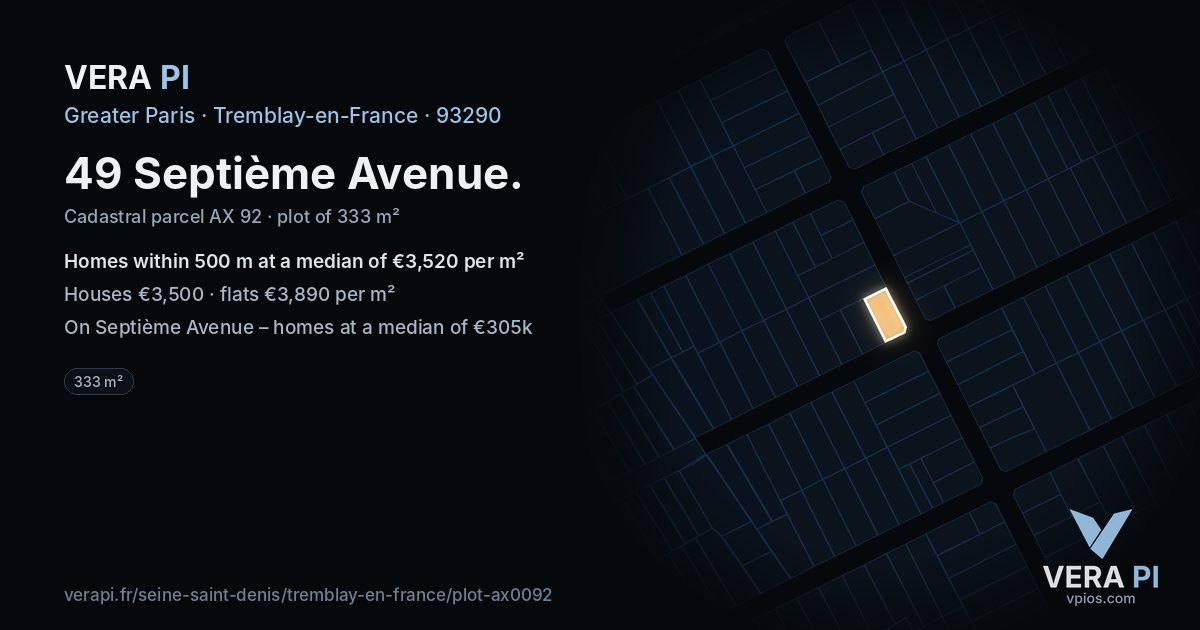 49 Septième Avenue, Tremblay-en-France at night – the plot lit, the parcels around coloured by the prices near them