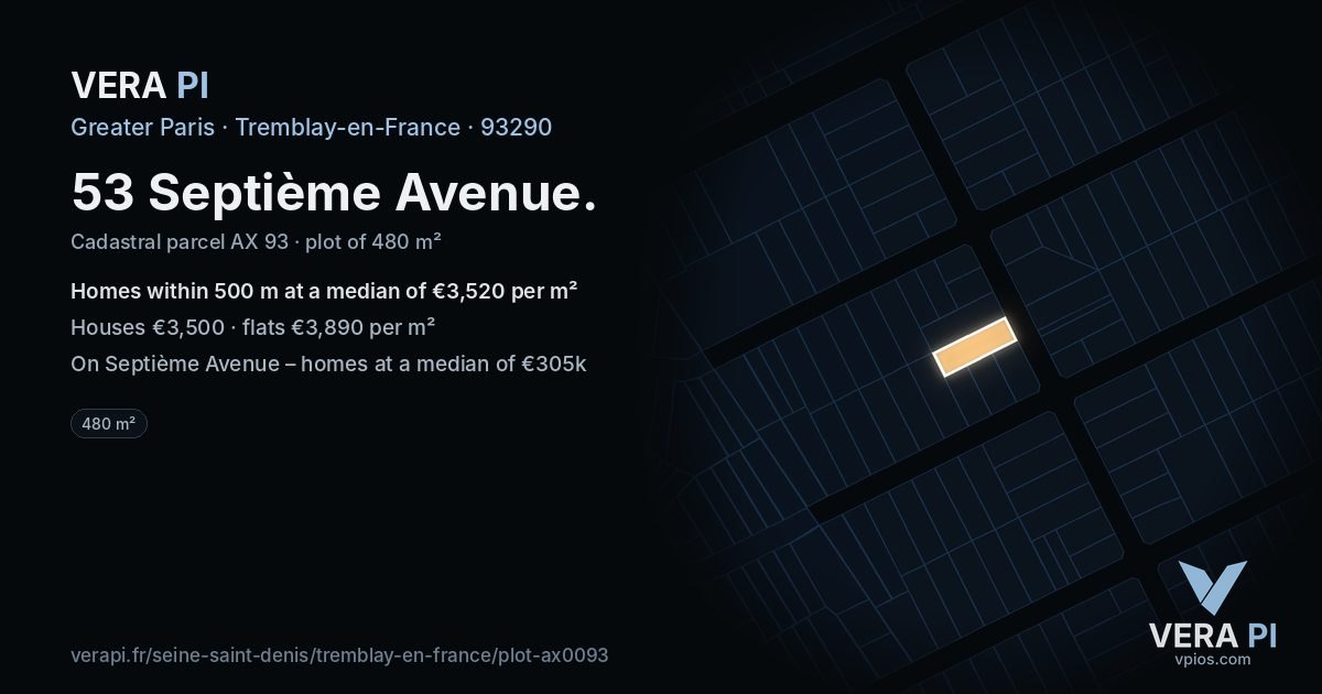 53 Septième Avenue, Tremblay-en-France at night – the plot lit, the parcels around coloured by the prices near them