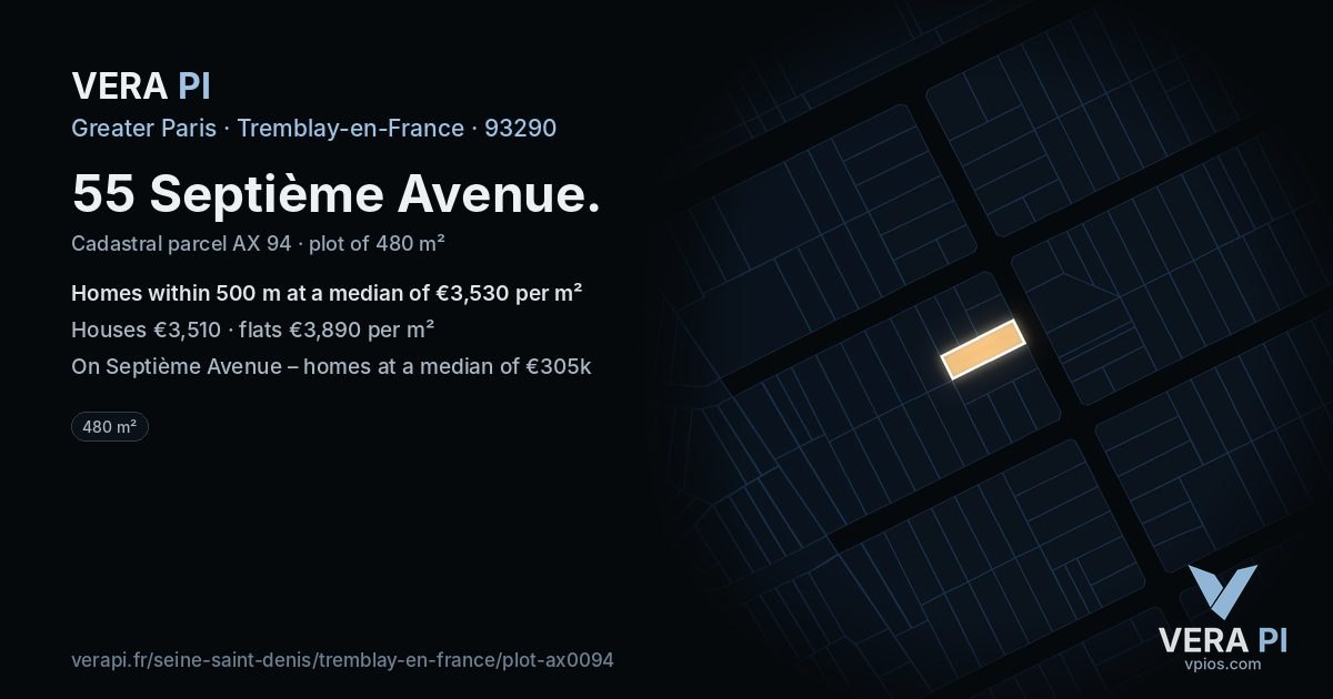 55 Septième Avenue, Tremblay-en-France at night – the plot lit, the parcels around coloured by the prices near them