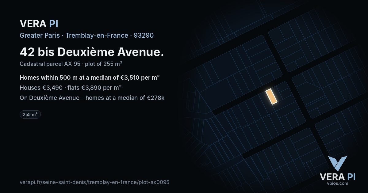 42 bis Deuxième Avenue, Tremblay-en-France at night – the plot lit, the parcels around coloured by the prices near them