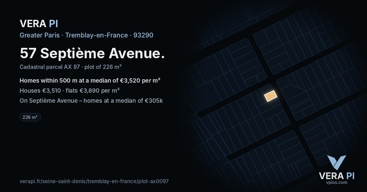 57 Septième Avenue, Tremblay-en-France at night – the plot lit, the parcels around coloured by the prices near them
