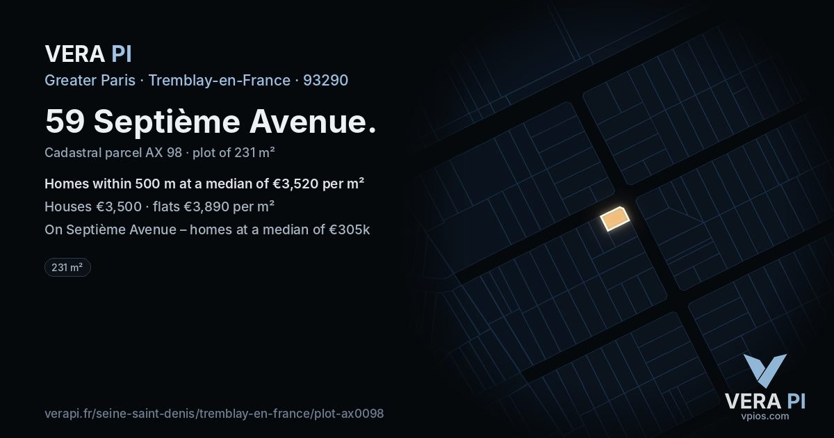 59 Septième Avenue, Tremblay-en-France at night – the plot lit, the parcels around coloured by the prices near them