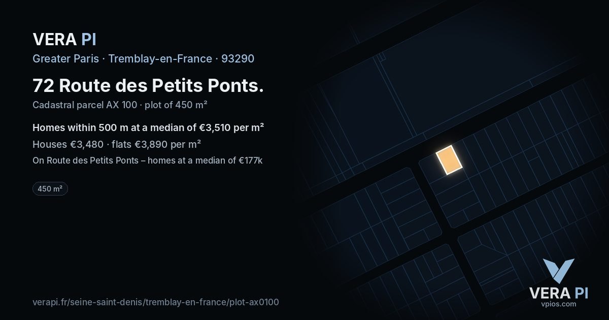 72 Route des Petits Ponts, Tremblay-en-France at night – the plot lit, the parcels around coloured by the prices near them