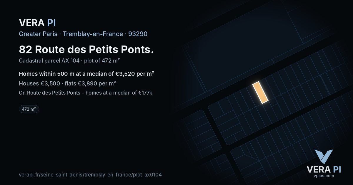 82 Route des Petits Ponts, Tremblay-en-France at night – the plot lit, the parcels around coloured by the prices near them