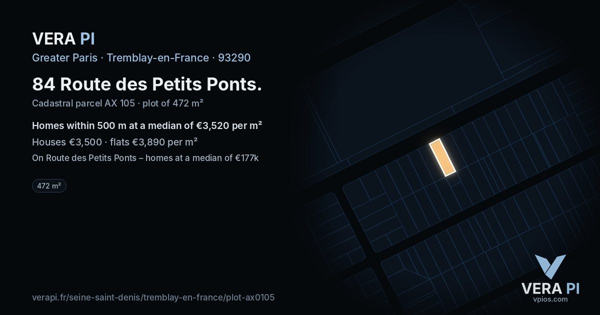 84 Route des Petits Ponts, Tremblay-en-France at night – the plot lit, the parcels around coloured by the prices near them
