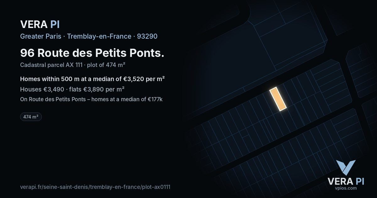 96 Route des Petits Ponts, Tremblay-en-France at night – the plot lit, the parcels around coloured by the prices near them