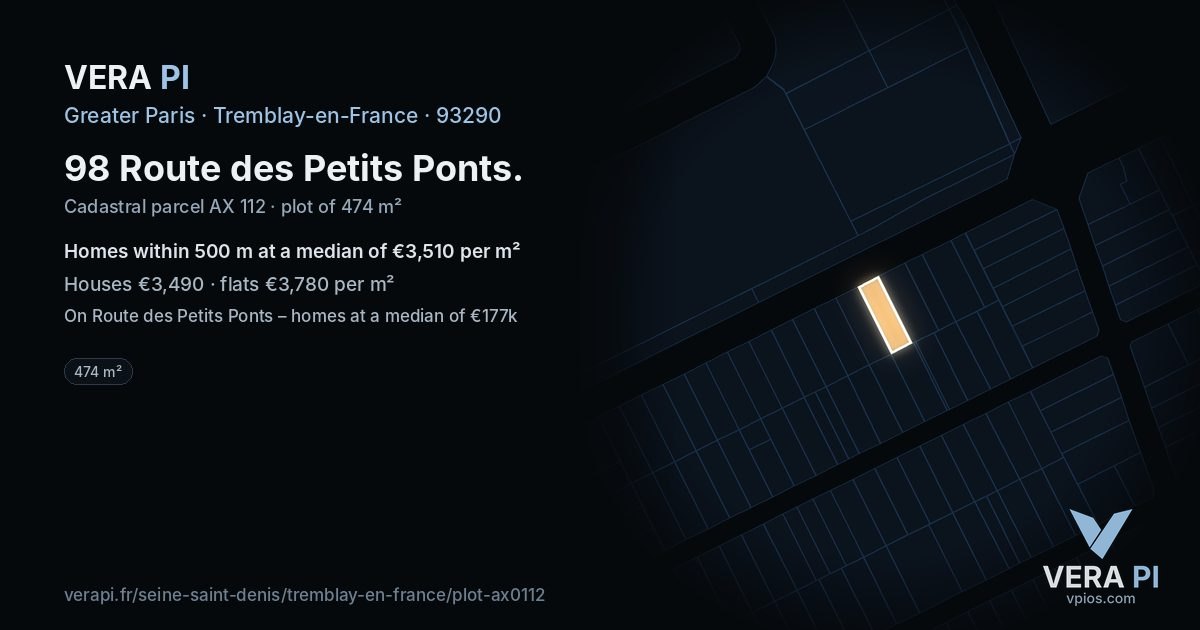 98 Route des Petits Ponts, Tremblay-en-France at night – the plot lit, the parcels around coloured by the prices near them