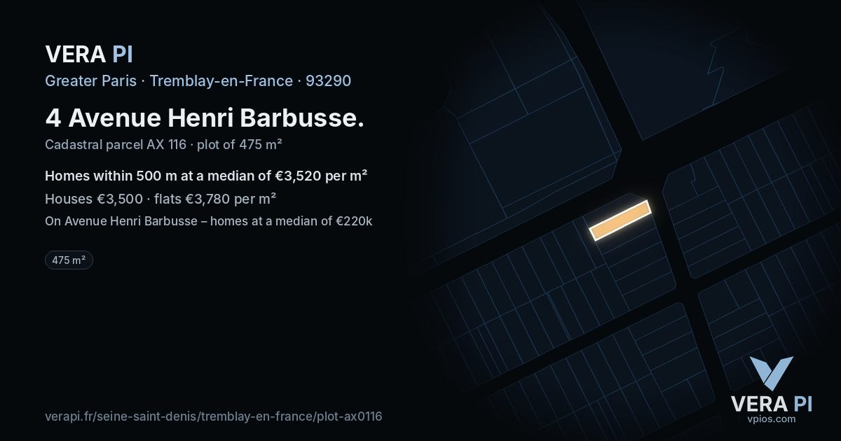 4 Avenue Henri Barbusse, Tremblay-en-France at night – the plot lit, the parcels around coloured by the prices near them