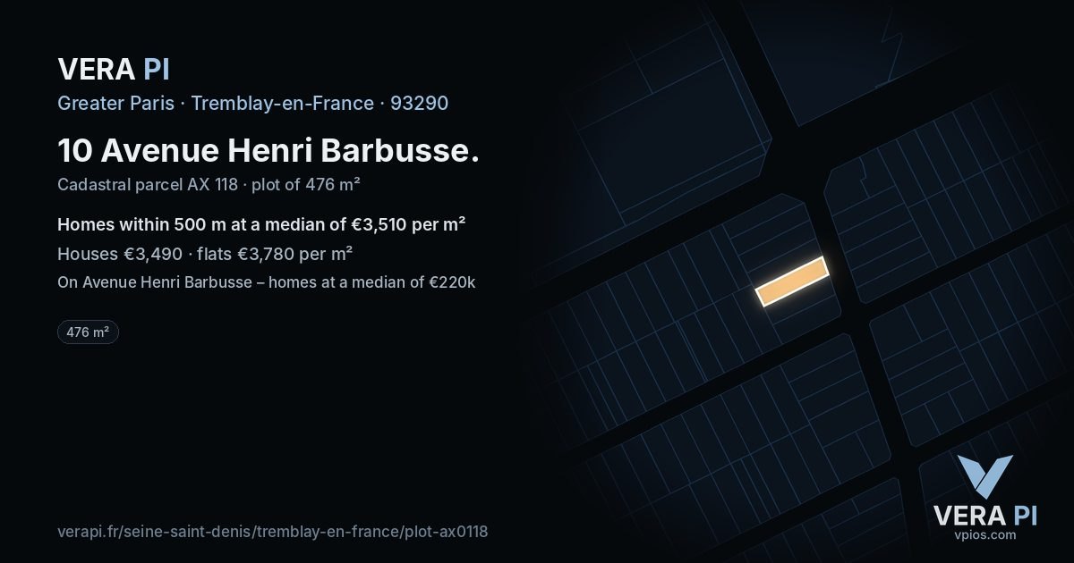 10 Avenue Henri Barbusse, Tremblay-en-France at night – the plot lit, the parcels around coloured by the prices near them