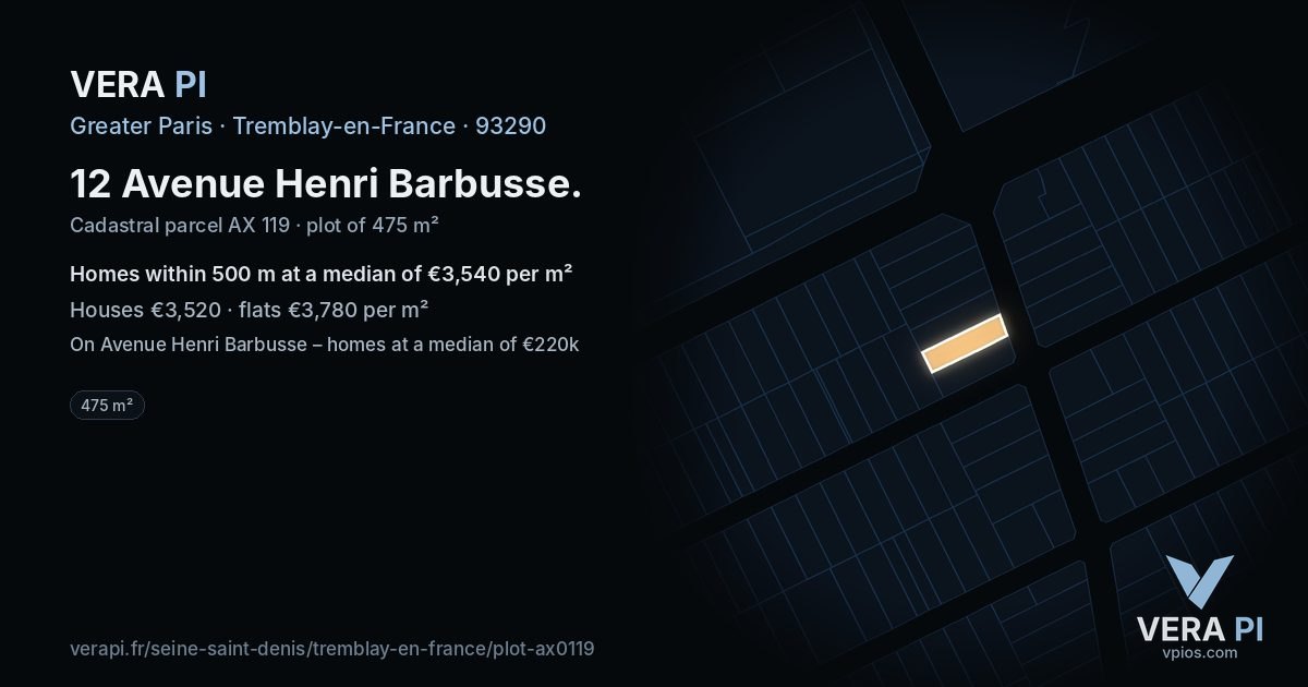 12 Avenue Henri Barbusse, Tremblay-en-France at night – the plot lit, the parcels around coloured by the prices near them