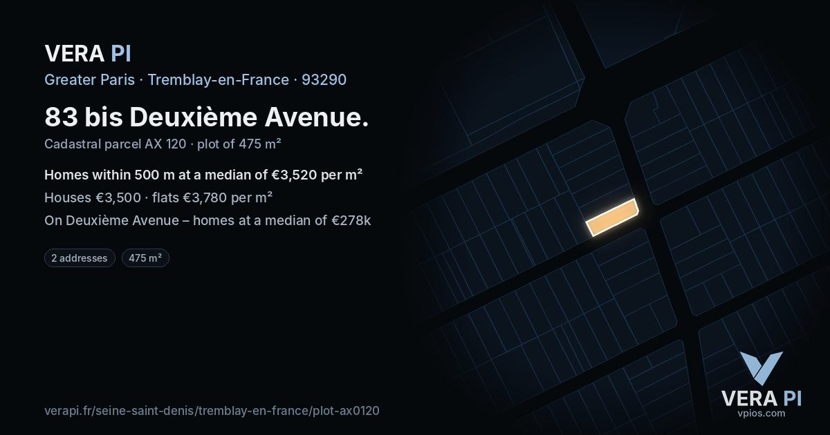 83 bis Deuxième Avenue, Tremblay-en-France at night – the plot lit, the parcels around coloured by the prices near them