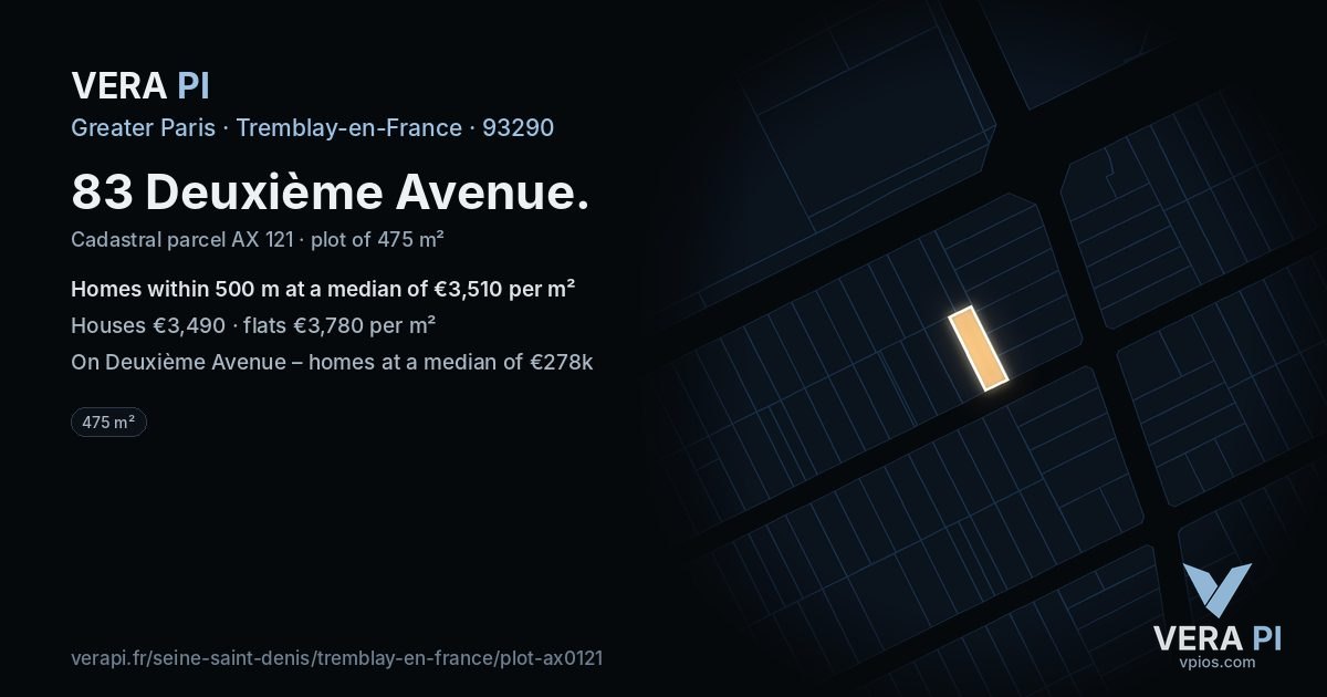 83 Deuxième Avenue, Tremblay-en-France at night – the plot lit, the parcels around coloured by the prices near them