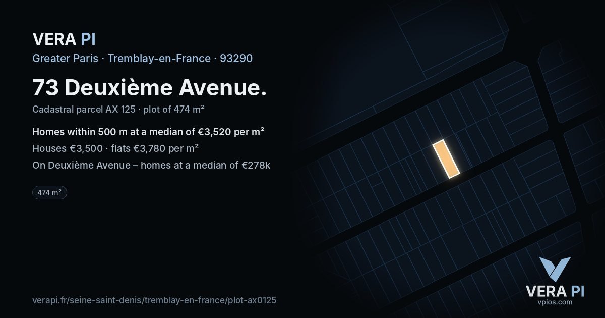 73 Deuxième Avenue, Tremblay-en-France at night – the plot lit, the parcels around coloured by the prices near them