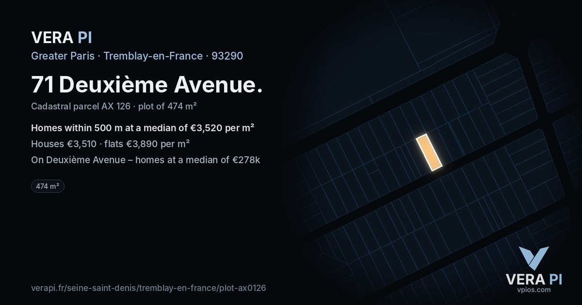 71 Deuxième Avenue, Tremblay-en-France at night – the plot lit, the parcels around coloured by the prices near them