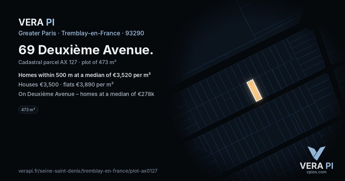 69 Deuxième Avenue, Tremblay-en-France at night – the plot lit, the parcels around coloured by the prices near them