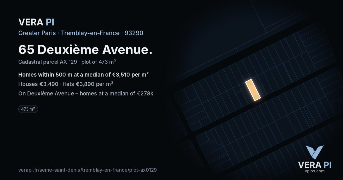 65 Deuxième Avenue, Tremblay-en-France at night – the plot lit, the parcels around coloured by the prices near them