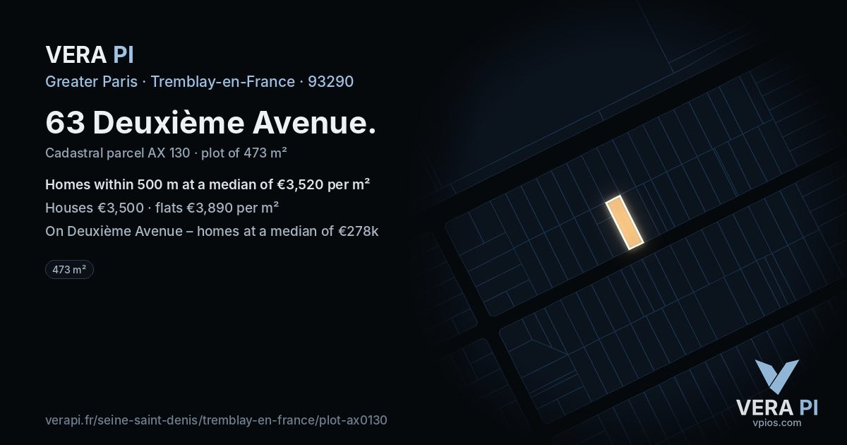 63 Deuxième Avenue, Tremblay-en-France at night – the plot lit, the parcels around coloured by the prices near them