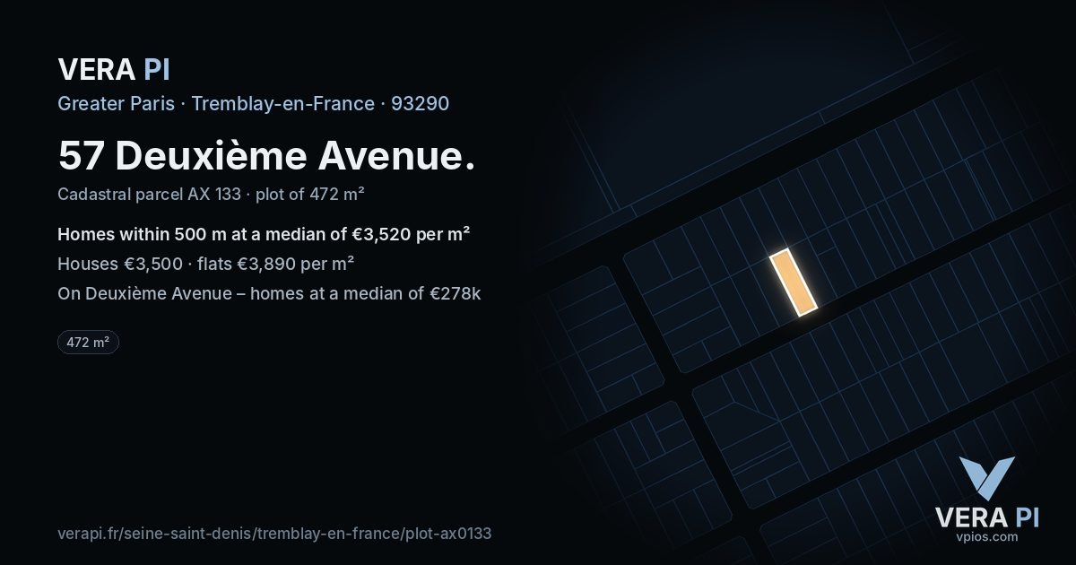 57 Deuxième Avenue, Tremblay-en-France at night – the plot lit, the parcels around coloured by the prices near them