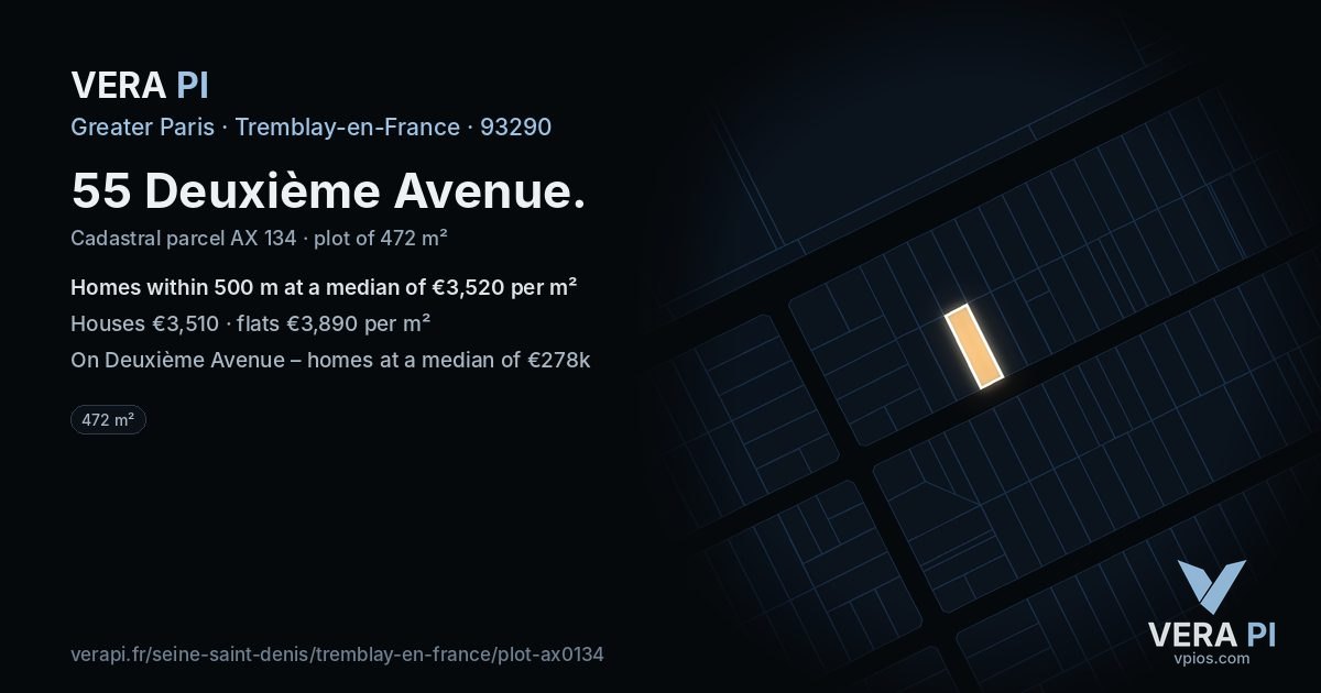 55 Deuxième Avenue, Tremblay-en-France at night – the plot lit, the parcels around coloured by the prices near them