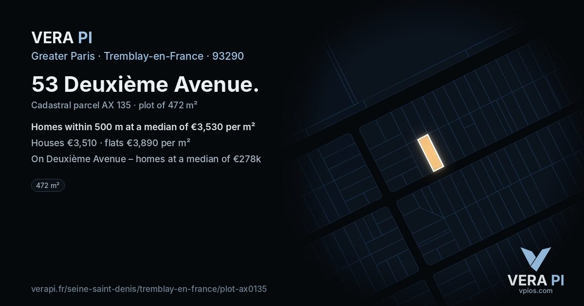 53 Deuxième Avenue, Tremblay-en-France at night – the plot lit, the parcels around coloured by the prices near them