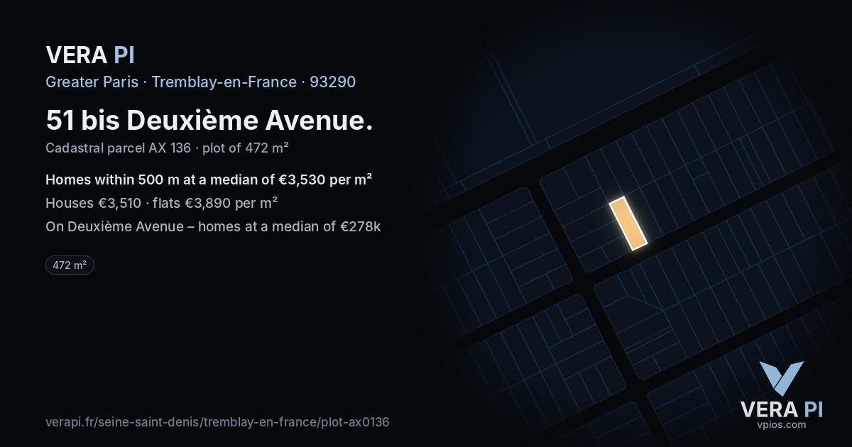 51 bis Deuxième Avenue, Tremblay-en-France at night – the plot lit, the parcels around coloured by the prices near them